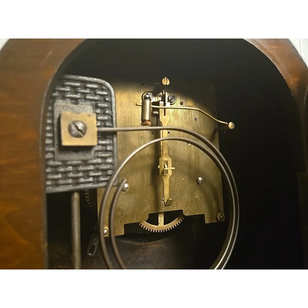 ANTIQUE NAPOLEON HAT CHIMING MANTEL CLOCK  OAK CASE